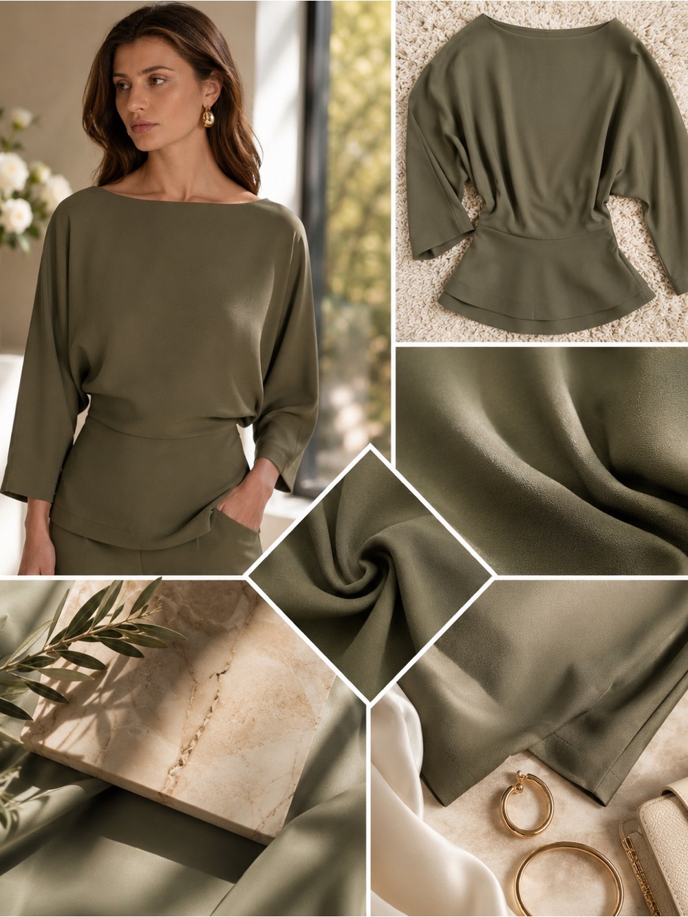 Halston Sage Green Peplum Boat Neck 3/4 Sleeve Top XL NWT